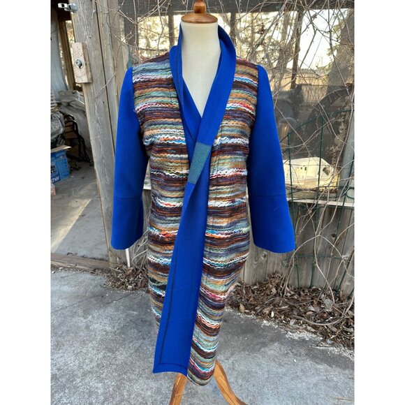 Vintage Duster Coat Open Front Patchwork Cobalt Blue M/L - Picture 2 of 10